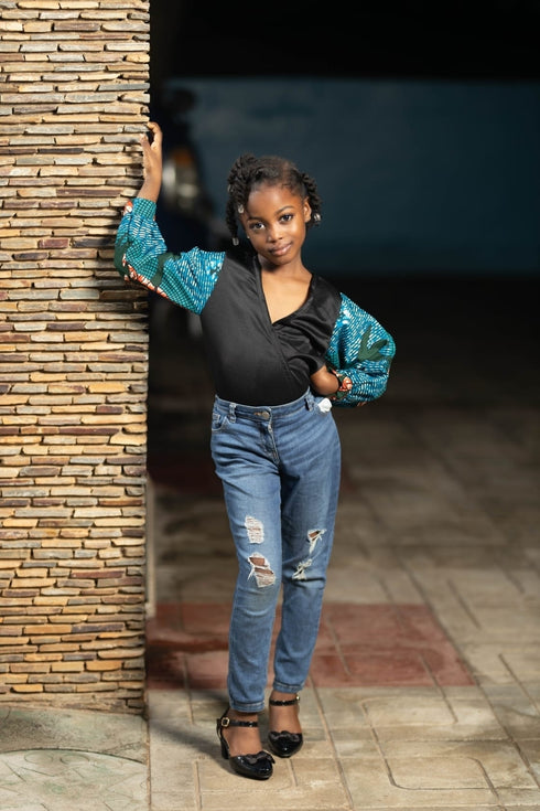 Chisomo Girl's Black Velvet V-Neck Blouse with Ankara Balloon Sleeves – Elegant African Print Top Only