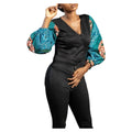 Chisomo Women’s Black Velvet V-Neck Blouse with Ankara Balloon Sleeves – Elegant African Print Top Only