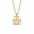 Gold necklace with a geometric pendant on a marble surface