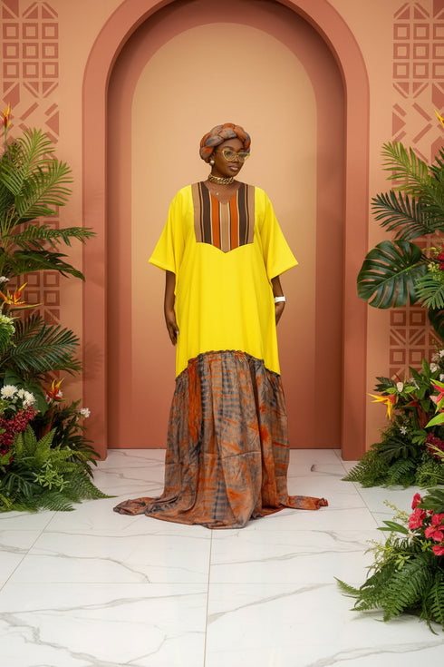 EOS African Adire Silk Crepe and Aso Oke Woven Traditional Fabric Boubou Kaftan Dress With Matching Headwrap Set - 2 pieces Boubou Set