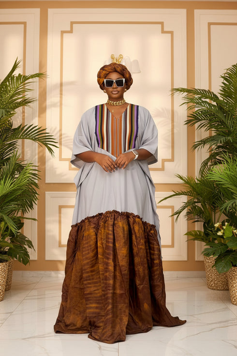 EOS African Adire Silk Crepe and Aso Oke Woven Traditional Fabric Boubou Kaftan Dress With Matching Headwrap Set - 2 pieces Boubou Set