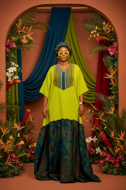 Woman in a green and black dress standing in an outdoor market.