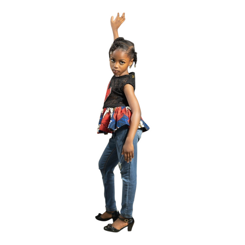 Elowen Black Lace with Flower Pattern and Ankara Peplum Top for Girls – Bold African Print Sleeveless Top Only