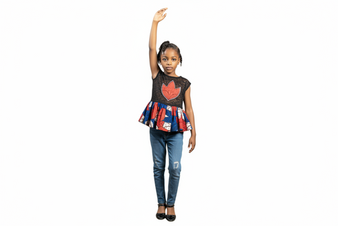 Elowen Black Lace with Flower Pattern and Ankara Peplum Top for Girls – Bold African Print Sleeveless Top Only