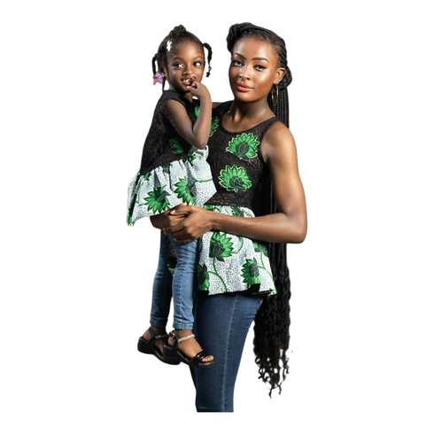 Elowen Black Lace with Flower Pattern and Ankara Peplum Top for Women – Bold African Print Sleeveless Top Only