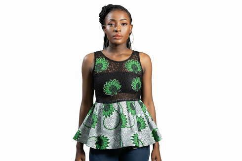 Elowen Black Lace with Flower Pattern and Ankara Peplum Top for Women – Bold African Print Sleeveless Top Only