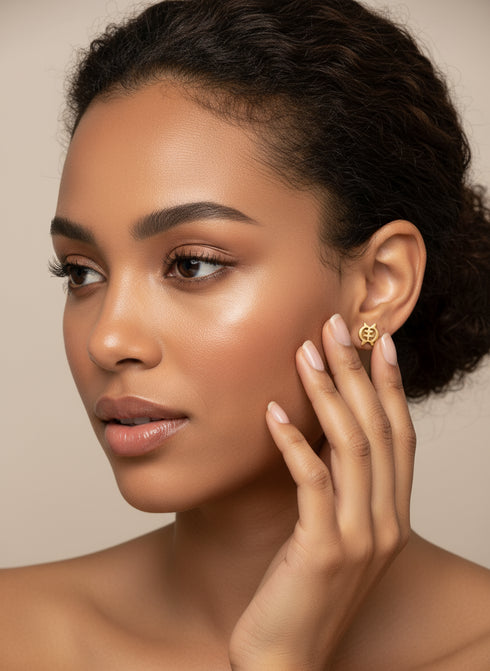 ETERNAL FAITH GYE NYAME Adinkra Gold Stud Earrings – Minimalist Handmade Women’s Jewelry