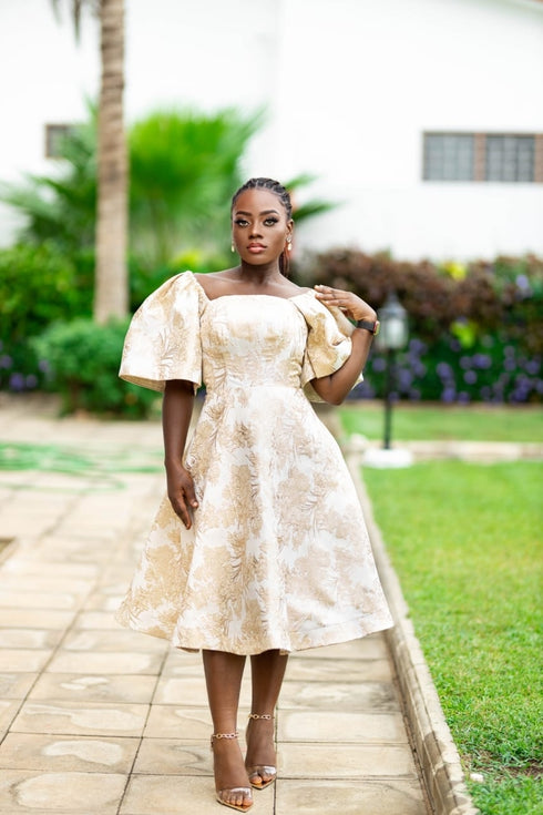 FANTA Short Golden Grace Twirl Serenity Brocade Dress