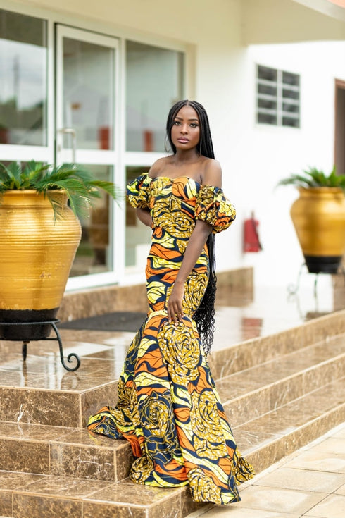 GIMBIYA Long Majestic Rose Flower Pattern Mermaid Ankara Dress
