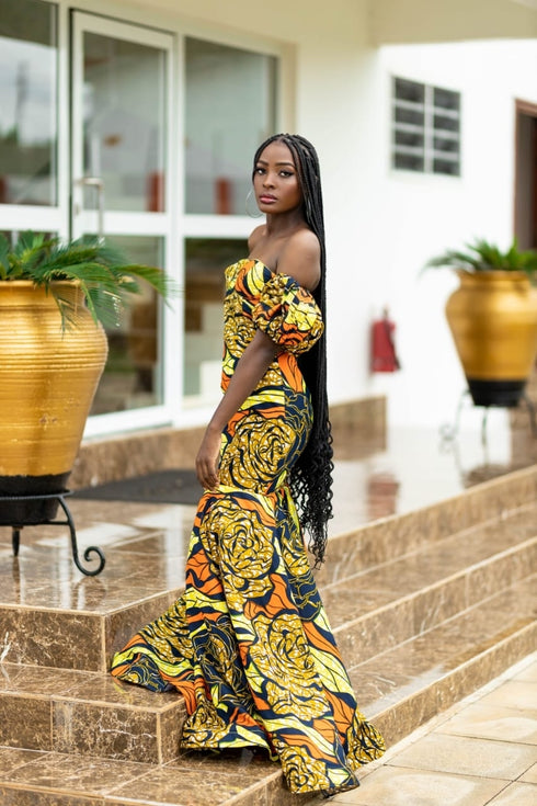 GIMBIYA Long Majestic Rose Flower Pattern Mermaid Ankara Dress