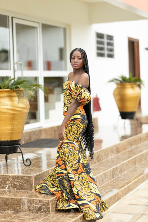 GIMBIYA Long Majestic Rose Flower Pattern Mermaid Ankara Dress