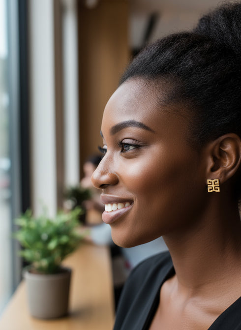 Virtue WO FORO DUA PA Adinkra Minimalist Stud Earrings – African Stainless Steel Jewelry for Women