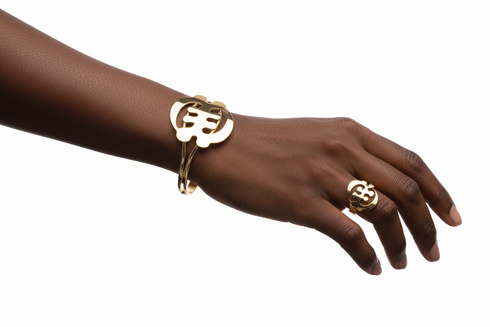 Gold bracelet and ring on a hand against a white background