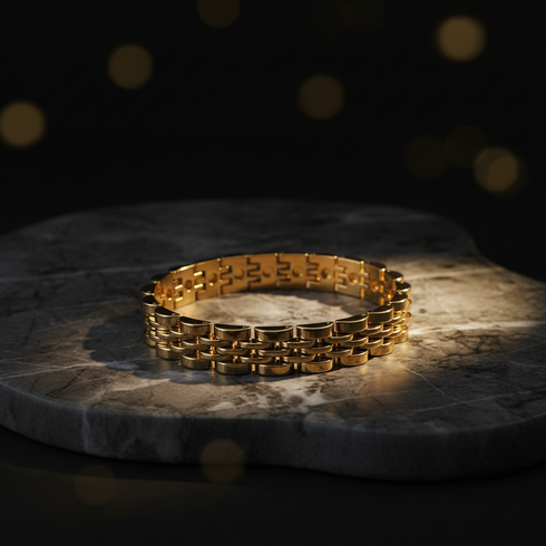 IMPERIAL Gold crown link bold structured polished stainless steel non fade MEN bracelet Only