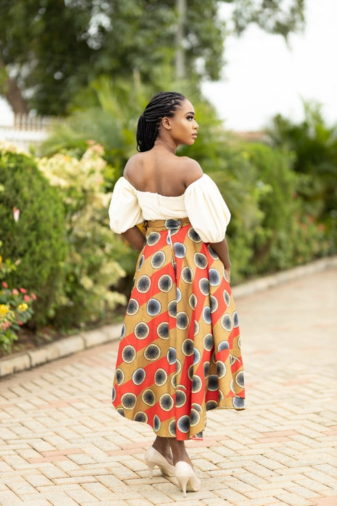 ISATA Long Blossom Twirl Off-shoulder Harmony Ankara & Silk Dress