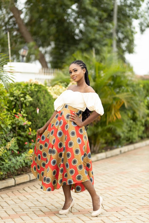 ISATA Long Blossom Twirl Off-shoulder Harmony Ankara & Silk Dress