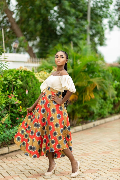 ISATA Long Blossom Twirl Off-shoulder Harmony Ankara & Silk Dress