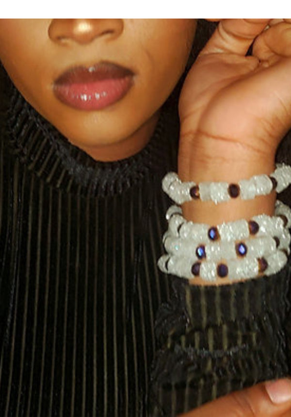 Imani Crystal Frost and Amethyst Bead Bracelet Set - Purple