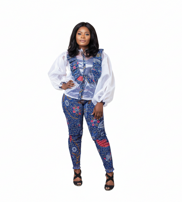 LULU Organza & Ankara Ruffle Top with Fitted Pants for Women