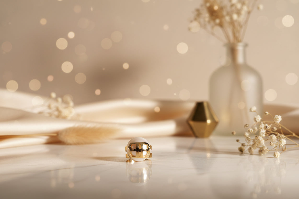 Gold and white ring on a marble surface