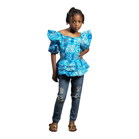 Liora Azure Ankara Peplum Top Set for Girls – Ruffle Sleeve African Print Blouse - Top Only