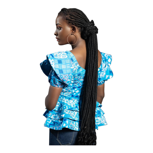 Liora Azure Ankara Peplum Top Set for Women – Ruffle Sleeve African Print Blouse - Top Only