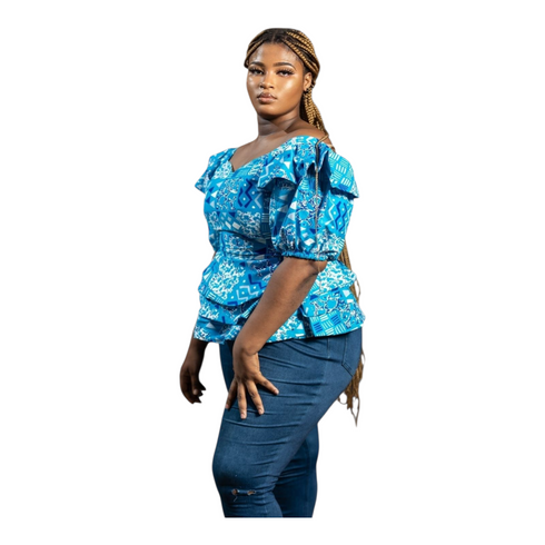 Liora Azure Ankara Peplum Top Set for Women – Ruffle Sleeve African Print Blouse - Top Only