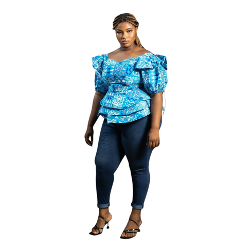 Liora Azure Ankara Peplum Top Set for Women – Ruffle Sleeve African Print Blouse - Top Only