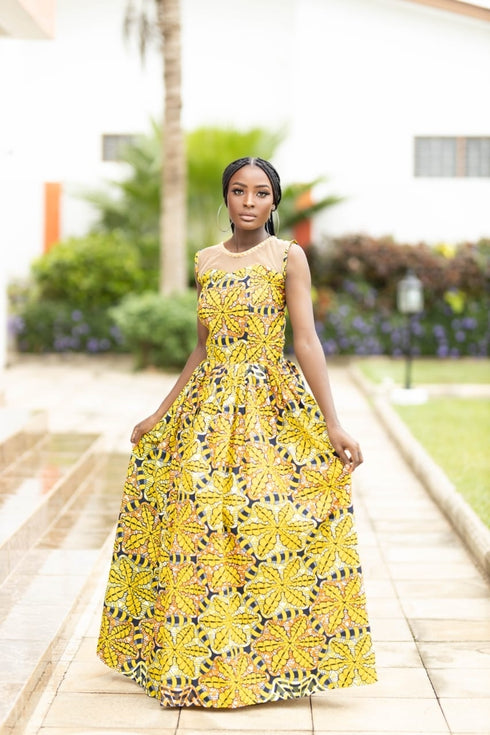 NIAH Long Yellow Blossom Flower Patterned Ankara & Net Dress