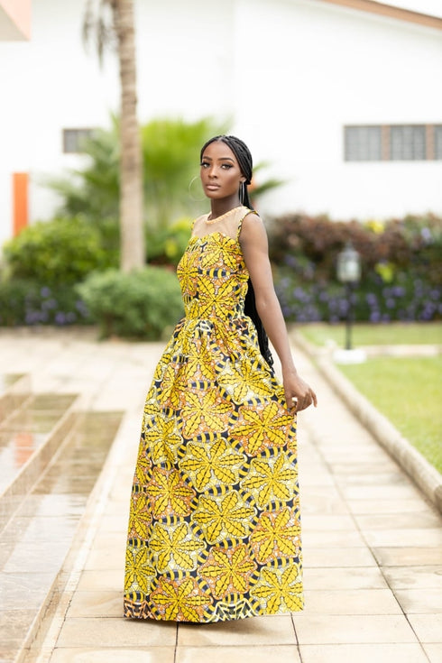NIAH Long Yellow Blossom Flower Patterned Ankara & Net Dress