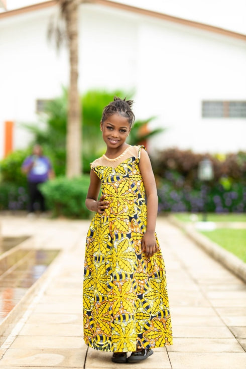 NIAH Long Yellow Blossom Flower Patterned Ankara & Net Dress for Girls