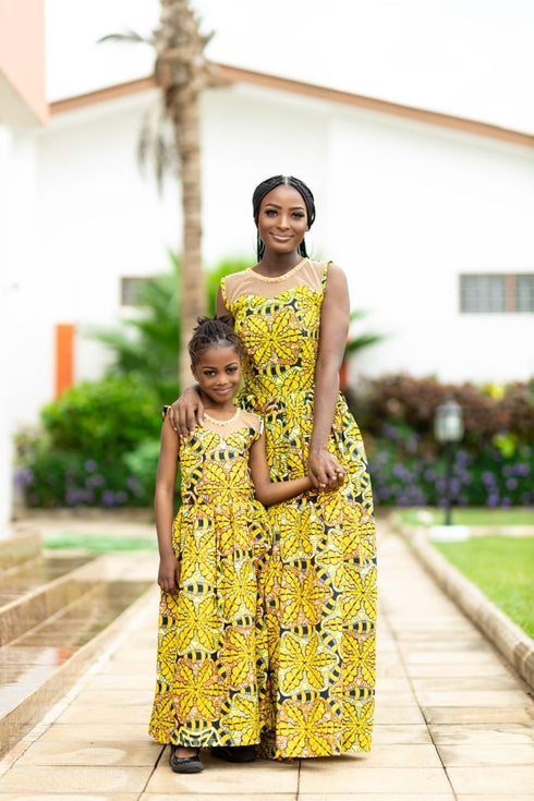 NIAH Long Yellow Blossom Flower Patterned Ankara & Net Dress for Girls