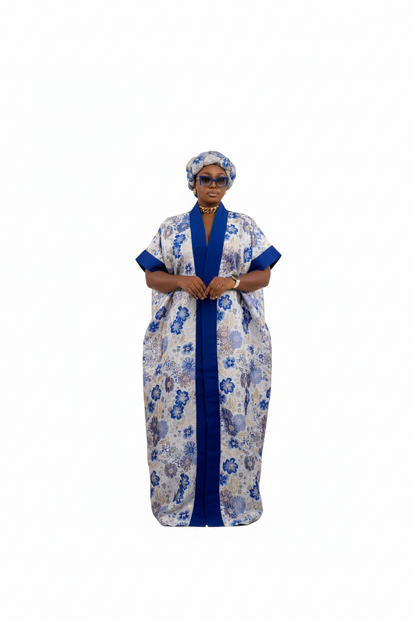 NIAZMINA Luxury Damask Brocade and Cotton Aso Oke African Boubou Kaftan Maxi Dress With Matching Headband and Adjustable Inner Belt - 2 piece Boubou set