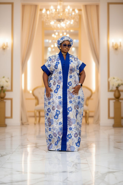NIAZMINA Luxury Damask Brocade and Cotton Aso Oke African Boubou Kaftan Maxi Dress With Matching Headband and Adjustable Inner Belt - 2 piece Boubou set