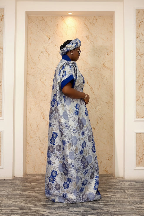 NIAZMINA Luxury Damask Brocade and Cotton Aso Oke African Boubou Kaftan Maxi Dress With Matching Headband and Adjustable Inner Belt - 2 piece Boubou set