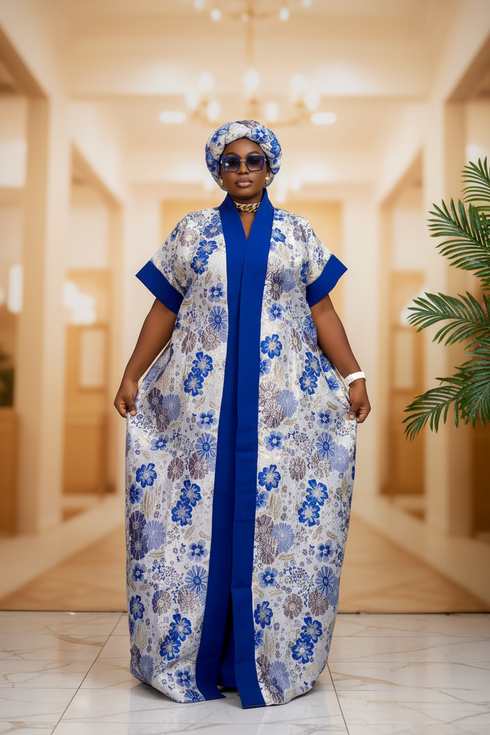 NIAZMINA Luxury Damask Brocade and Cotton Aso Oke African Boubou Kaftan Maxi Dress With Matching Headband and Adjustable Inner Belt - 2 piece Boubou set