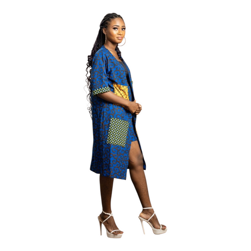 NOMSA Women Linen Graceful Patch Pocket Kimono & Shorts Set in Vibrant Ankara Print