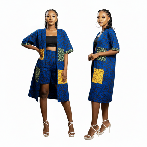 NOMSA Women Linen Graceful Patch Pocket Kimono & Shorts Set in Vibrant Ankara Print