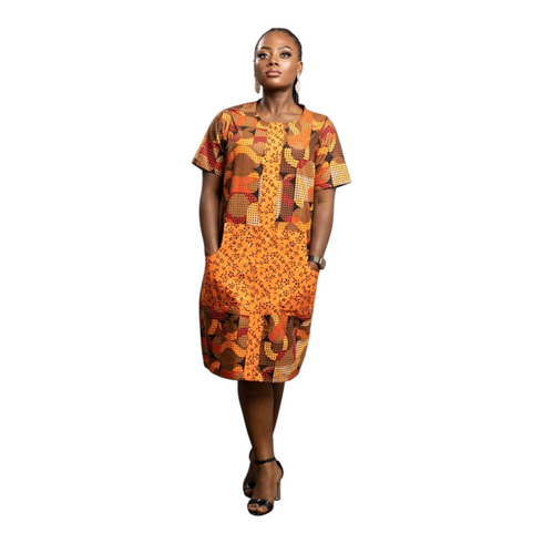 Nalani Women Patchwork Ankara with Deep Pockets Warm Earth-Tone African Elegance - Shift Dress