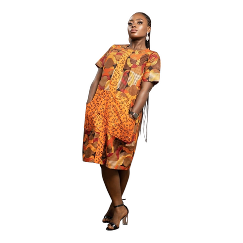 Nalani Women Patchwork Ankara with Deep Pockets Warm Earth-Tone African Elegance - Shift Dress