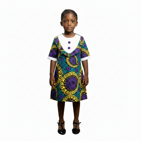Nayana Girls Ankara V-Neck Button Detail Shift Dress – Girl's Elegant African Ensemble