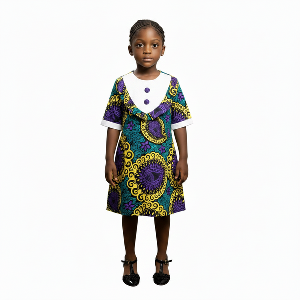 Nayana Girls Ankara V-Neck Button Detail Shift Dress – Girl's Elegant African Ensemble
