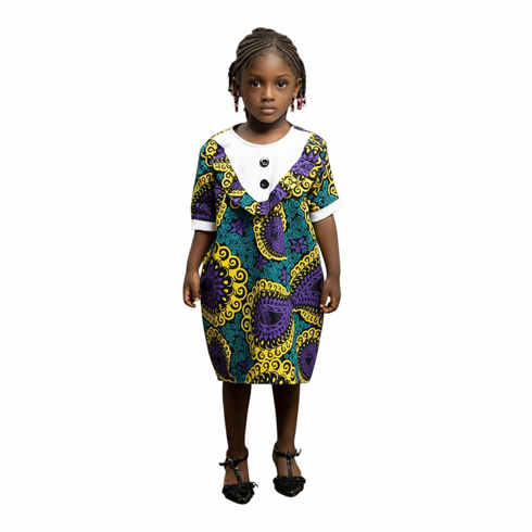 Nayana Girls Ankara V-Neck Button Detail Shift Dress – Girl's Elegant African Ensemble