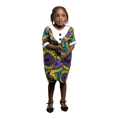 Nayana Girls Ankara V-Neck Button Detail Shift Dress – Girl's Elegant African Ensemble
