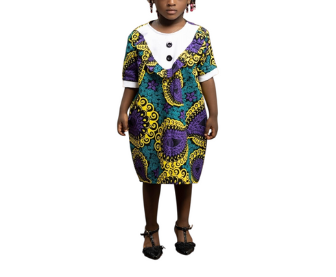 Nayana Girls Ankara V-Neck Button Detail Shift Dress – Girl's Elegant African Ensemble