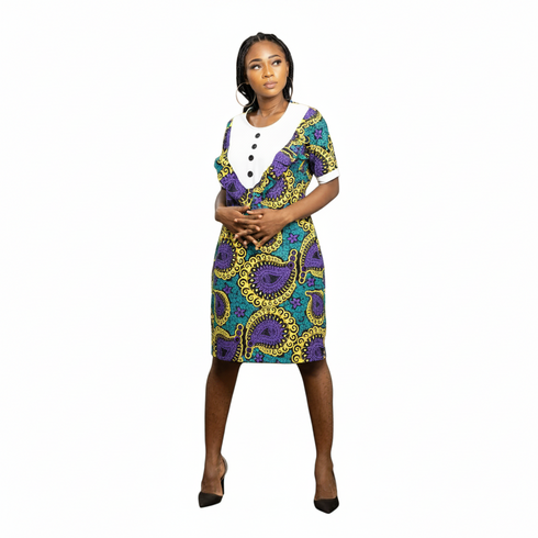 Nayana Women Ankara V-Neck Button Detail Shift Dress – Mother’s Elegant African Ensemble