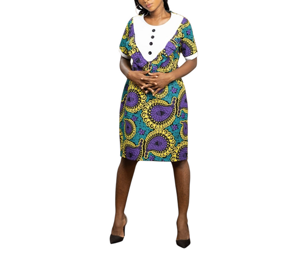 Nayana Women Ankara V-Neck Button Detail Shift Dress – Mother’s Elegant African Ensemble