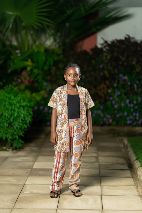 Nomvula African Print Kimono Jacket & High-Waist Pants Set – Elegant Two-Piece Ankara Ensemble for Girls