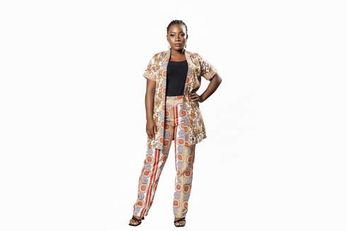 Nomvula African Print Kimono Jacket & High-Waist Pants Set – Elegant Two-Piece Ankara Ensemble for women