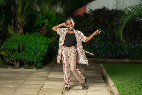 Nomvula African Print Kimono Jacket & High-Waist Pants Set – Elegant Two-Piece Ankara Ensemble for Girls